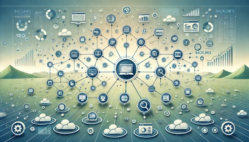 An informative landscape image depicting the concept of backlinks in SEO. The central focus is a main website icon connected through digital chains to various smaller icons representing external web pages