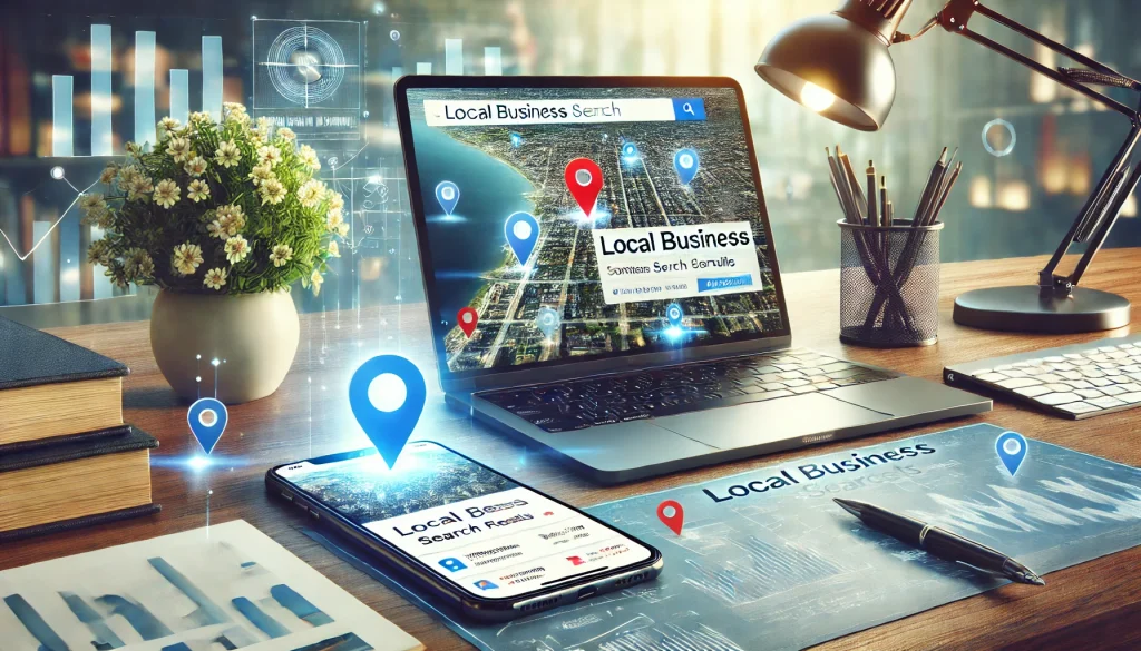 Map with location markers, laptop displaying local business search results, and smartphone showing Google Business Profile, symbolizing the role of local SEO in business visibility