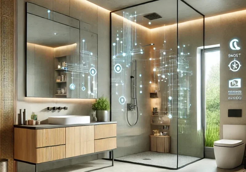 image depicting a modern, luxurious bathroom remodeling scene in a contemporary home