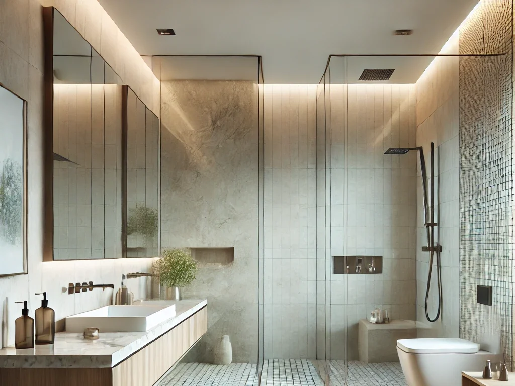 a modern bathroom design showcasing minimalism, rationality, and elegance. It highlights the use of natural materials like stone and wood, along with advanced materials and smart technologies