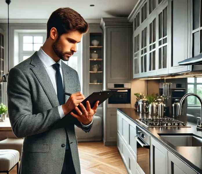 Here is the image of a contractor inspecting and budgeting work in a modern kitchen