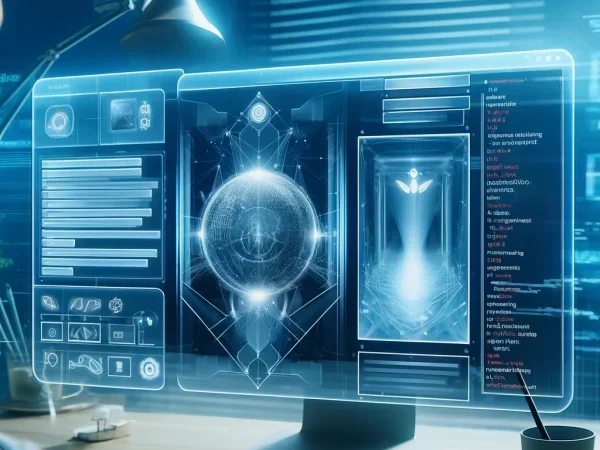 A futuristic digital workspace with a web developer using AI-powered tools. The screen displays web design elements, code snippets, and AI-generated recommendations, set in a high-tech environment with sleek, minimalist design and soft blue hues.