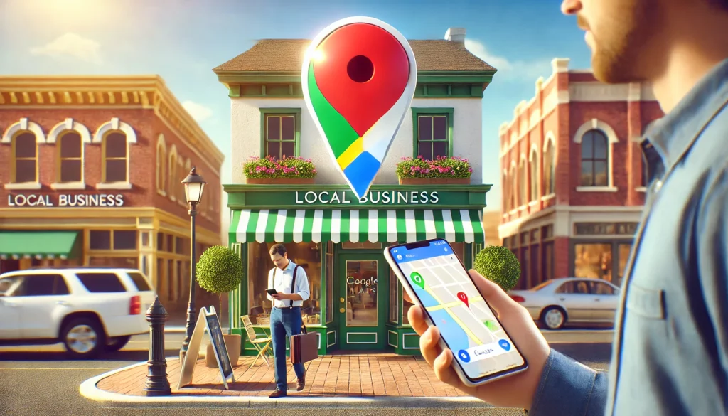 A local business storefront with a clear Google Maps pin on top of it, symbolizing how the business ranks on Google Maps