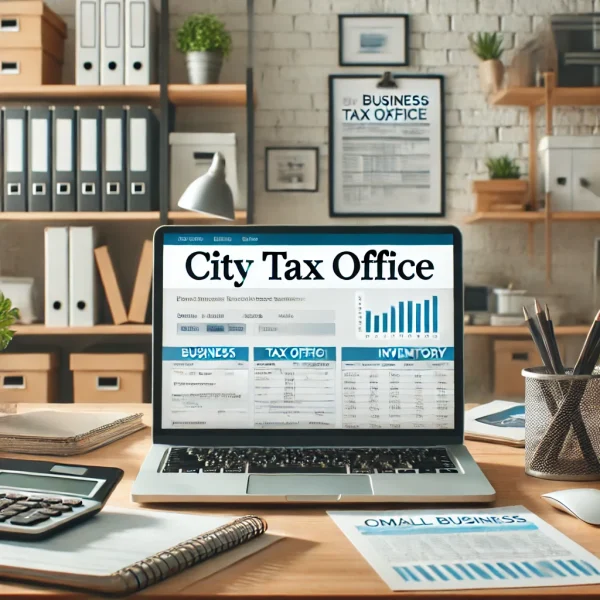 Online business workspace with documents, a laptop displaying a tax office website, and business inventory, representing the process of obtaining local business tax receipts in 2024