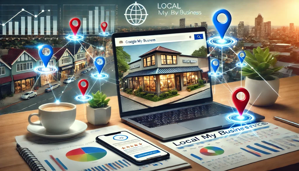 A local business storefront with floating digital map markers, a laptop displaying local search results with a highlighted Google My Business profile, and a mobile phone showing a positive customer review, symbolizing the role of Local SEO services in enhancing business visibility