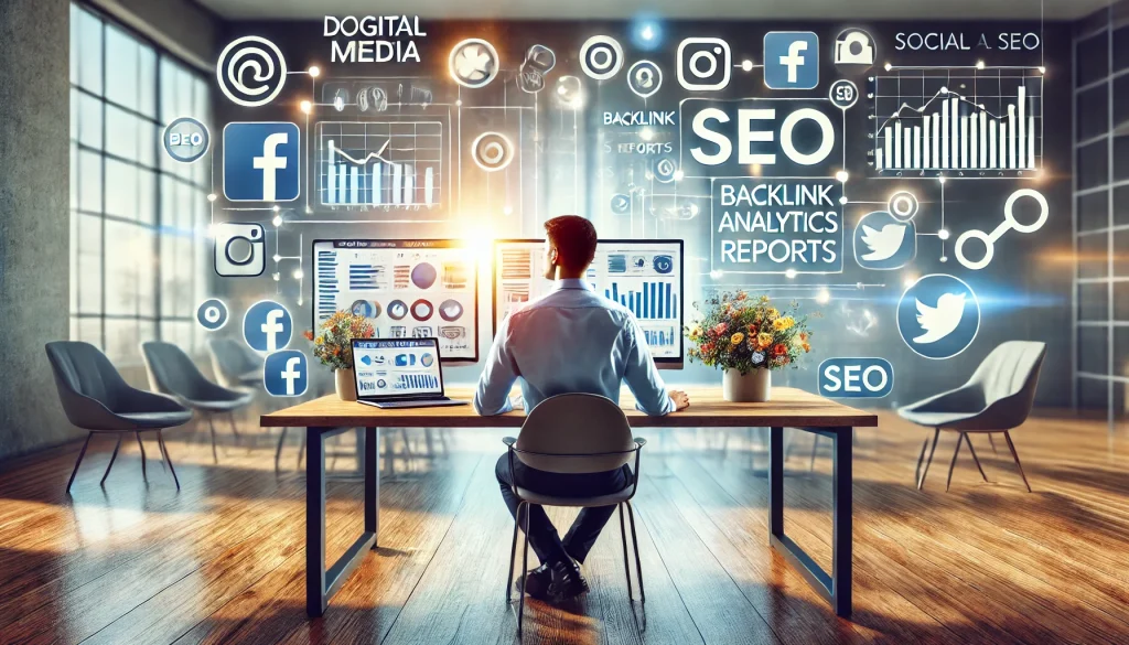 Here is the professional landscape image representing the integration of social media and SEO strategies in a modern workspace