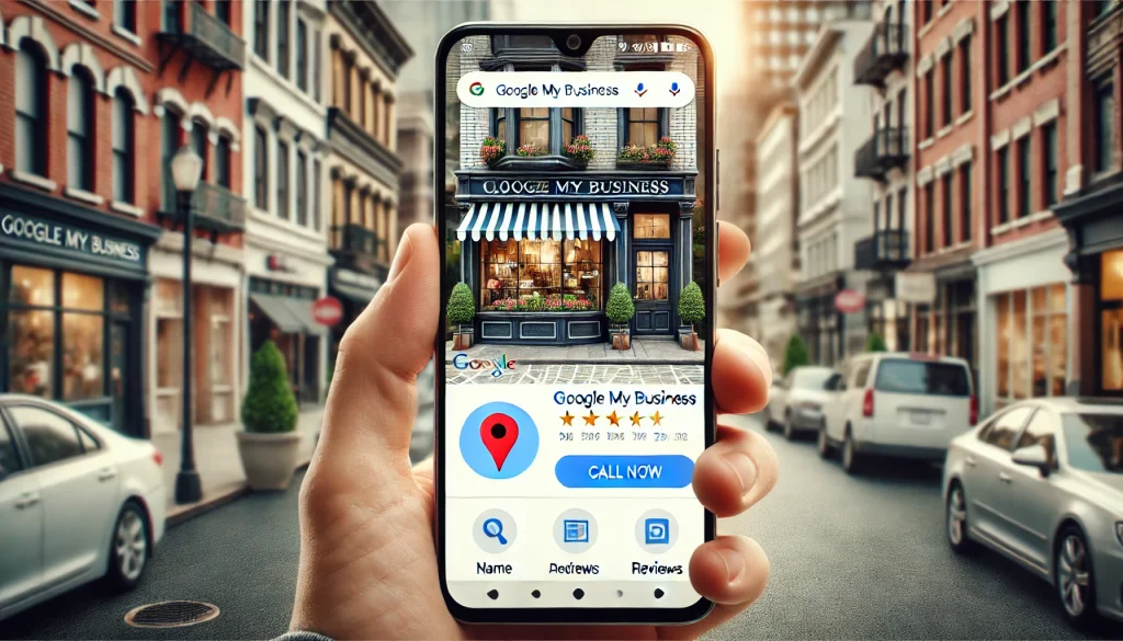 A detailed image of a local business storefront appearing on a smartphone screen showing the Google My Business