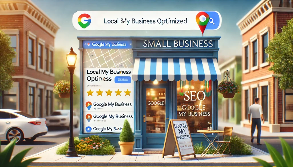 It depicts a small business storefront with SEO-optimized elements such as a Google My Business marker, local map listings, and customer reviews—all essential for enhancing local visibility