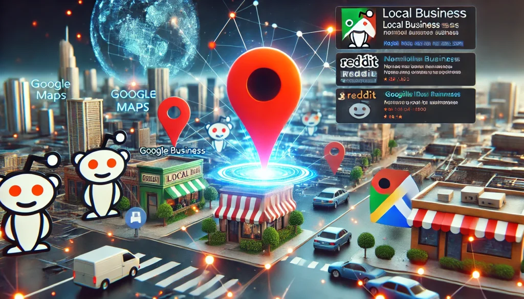 Local business highlighted on Google Maps with Reddit and Google Maps icons, featuring a Reddit thread discussing local businesses and an embedded Google Map