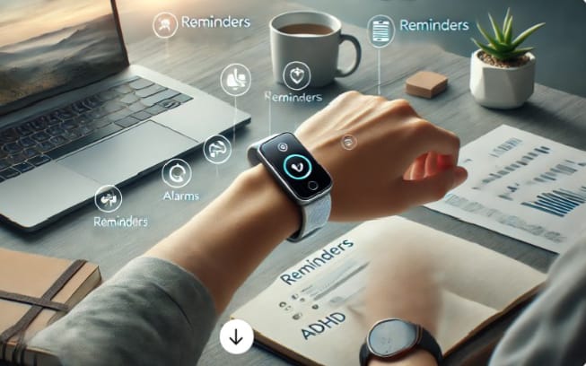 A landscape image depicting a modern fitness tracker with reminder features, suitable for managing ADHD. The setting emphasizes a productive and organized workspace