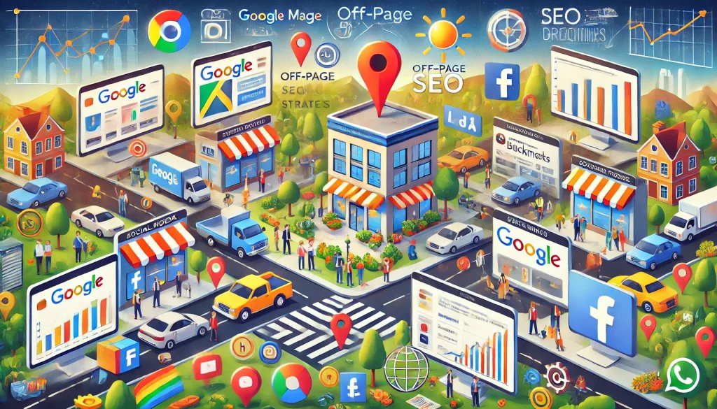 Here’s the landscape image illustrating the off-page SEO strategies as described in the article. The image captures elements like Google My Business, social media engagement, backlinks, and SEO tools like Google Search Console and Analytics