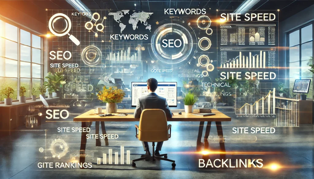 A professional landscape image representing key SEO concepts like keyword research, technical SEO, and backlink building in a modern office setting