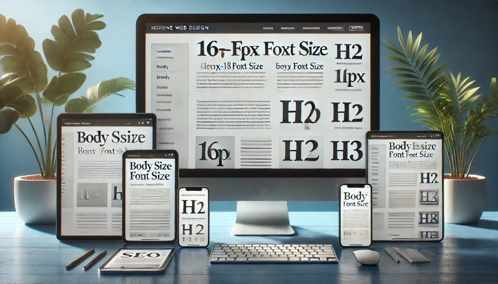 A clean, professional landscape layout showcasing optimal font size hierarchy for website design, with responsive web elements demonstrating readability across desktop, mobile, and tablet devices.