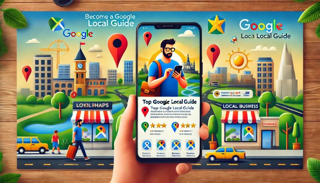 A Google Local Guide contributing to Google Maps by taking photos and writing reviews of a local business in a vibrant cityscape, representing community engagement, accurate information sharing, and earning rewards like badges