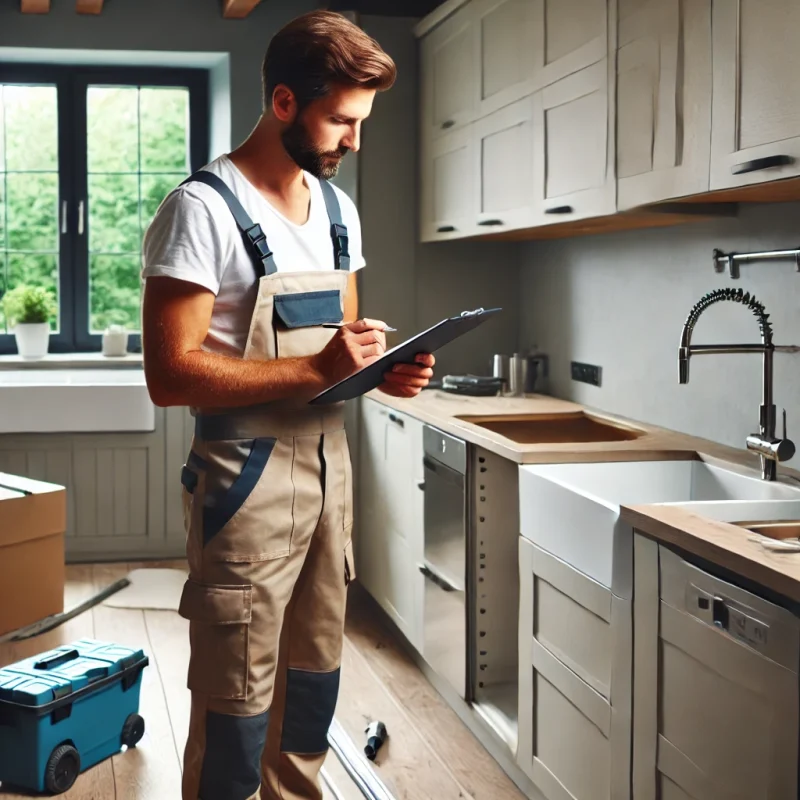 A professional kitchen renovation scene with a contractor inspecting the work