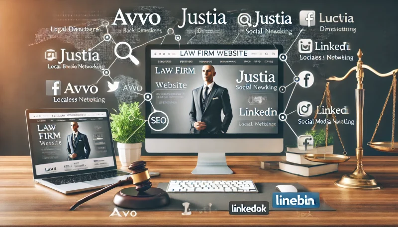 A professional law firm website interface showcasing key elements like backlinks, directories, social media platforms, and SEO metrics.