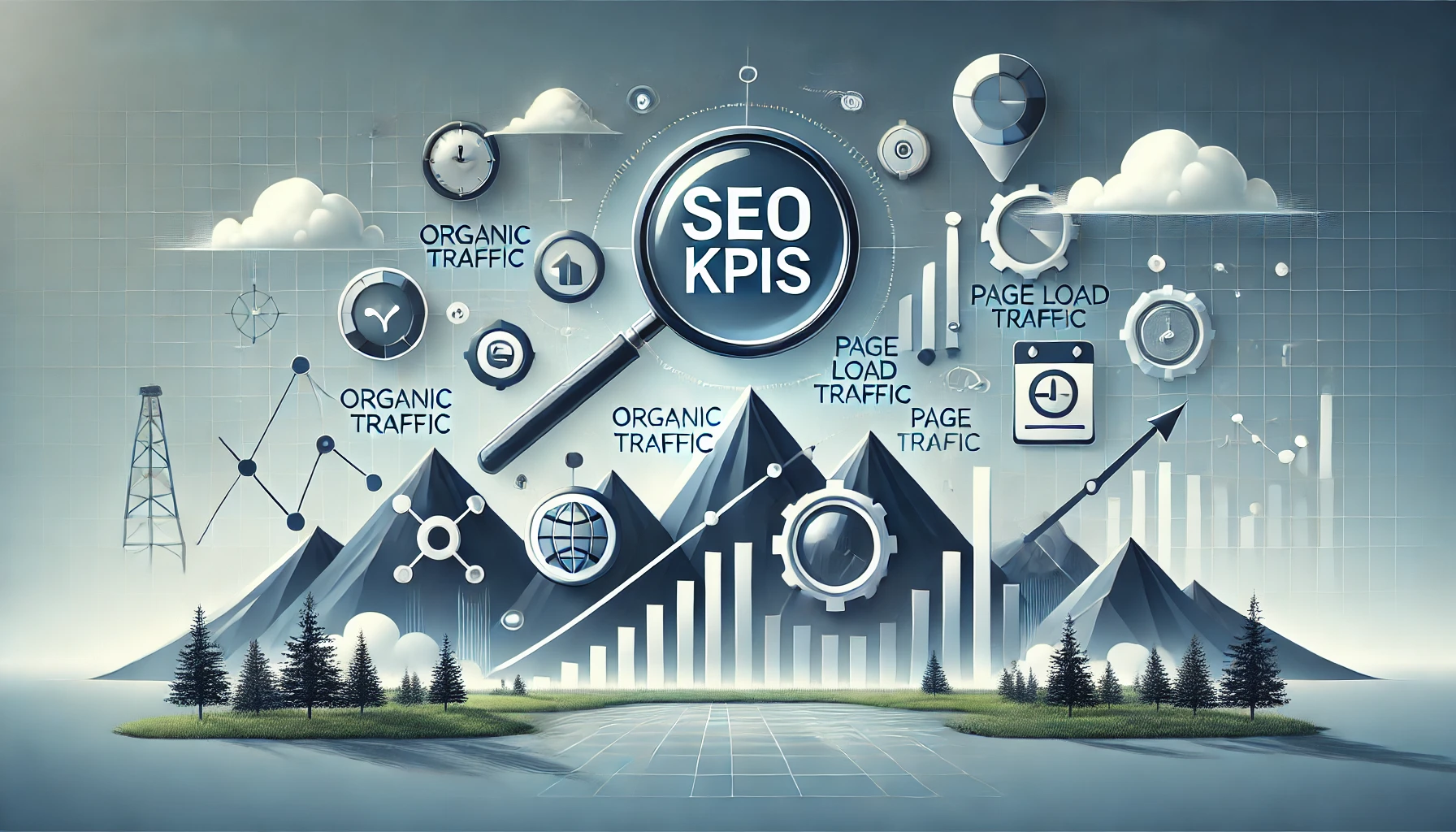 Here is a landscape image for the article title "SEO KPIs," featuring key elements that represent SEO metrics like growth, analytics, and organic traffic in a professional, business-oriented style.