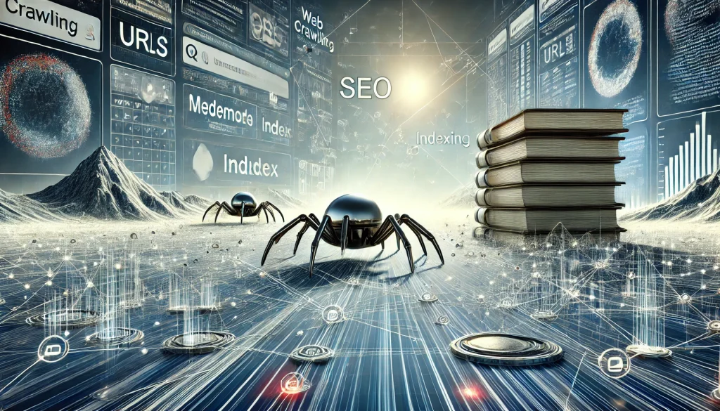 Here is the image representing the SEO processes of crawling and indexing. It visualizes the flow of web crawlers scanning content and the indexing of that information into a structured database