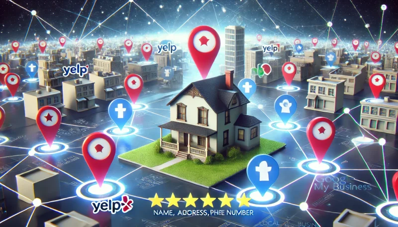 The image shows a small business being highlighted across multiple digital platforms like Google My Business, Yelp, and other local directories. Around the business are icons representing key SEO elements such as its Name, Address, and Phone number (NAP), review stars, and map location pins.