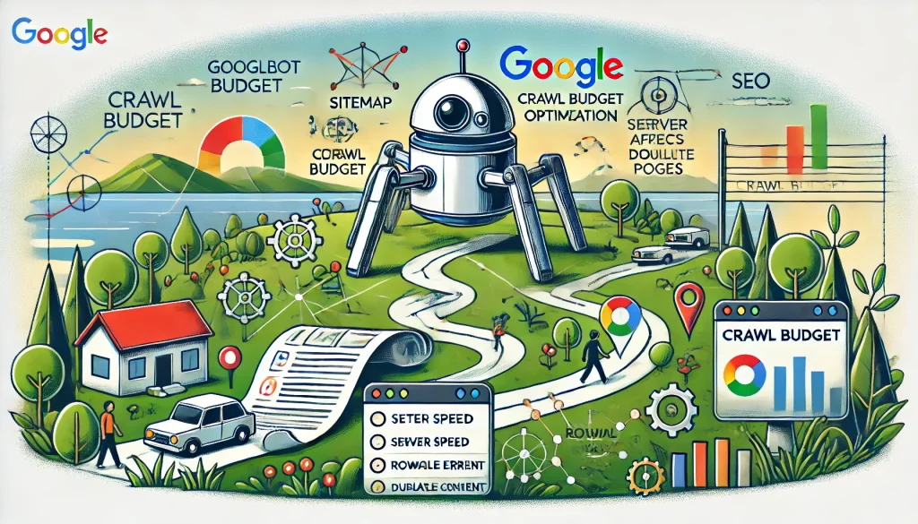 DALL·E 2024 10 23 19.24.10 A Detailed Landscape Illustration Showing The Concept Of SEO Crawl Budget Optimization. The Image Should Depict Googlebot Crawling A Website With Vis 1024x585