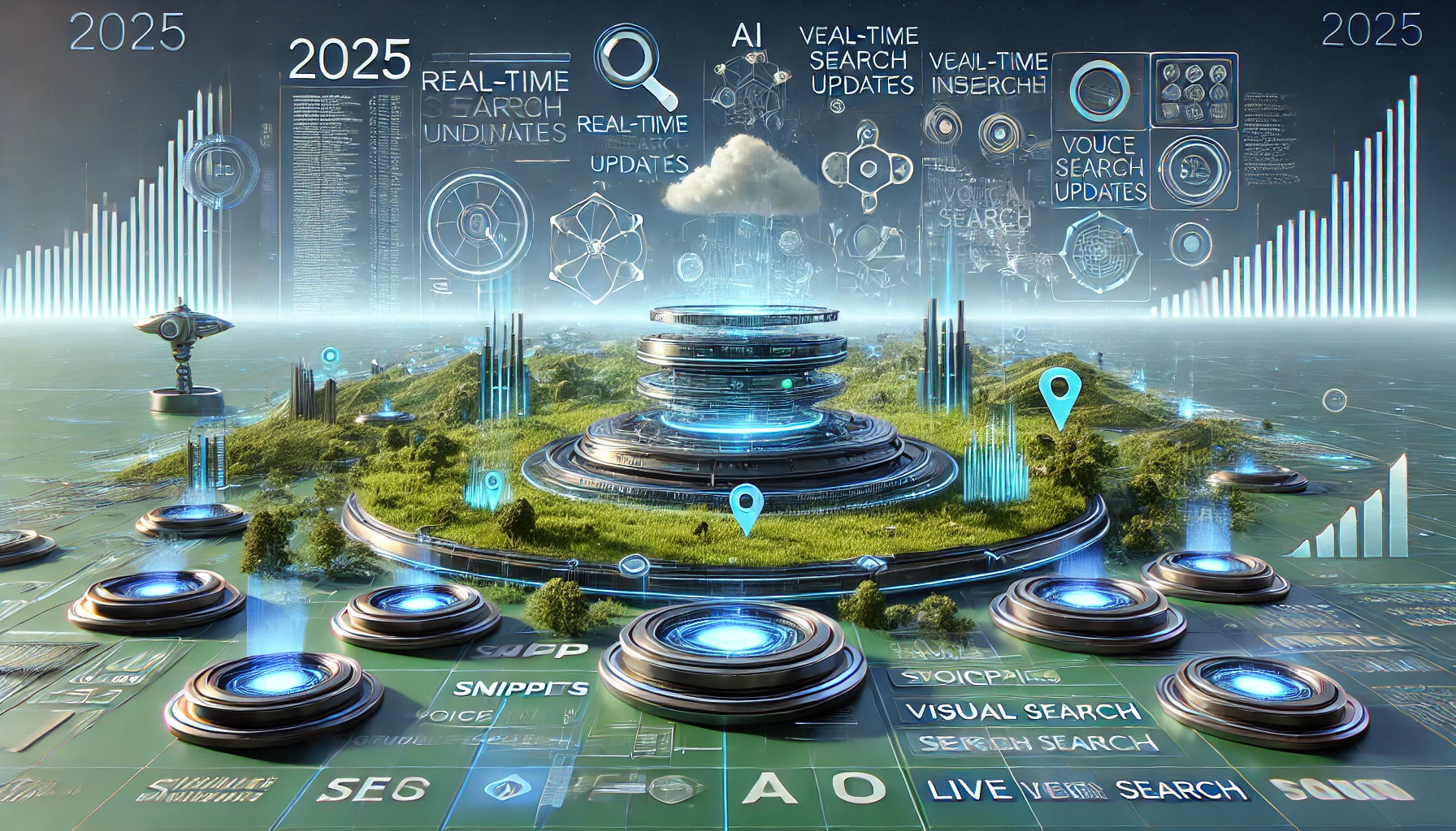 Here’s a landscape illustration that reflects the futuristic SEO landscape of 2025, showcasing real-time data, AI-driven search elements, and an innovative, high-tech environment representing advanced SERP dynamics.