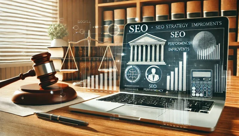 A professional law firm's website displayed on a laptop screen in a modern office setting, representing SEO strategies and optimization for attorneys to improve online visibility.