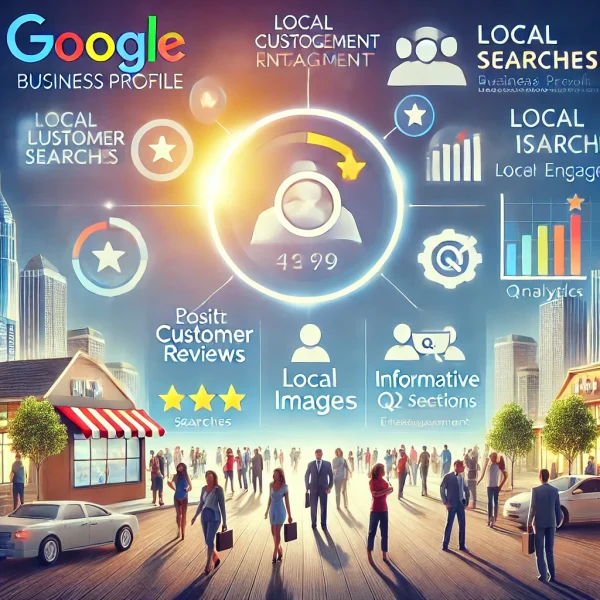 Here is an image illustrating the concept of growing engagement on a Google Business Profile, with visual elements representing customer interactions, positive reviews, analytics, and community reach for local businesses