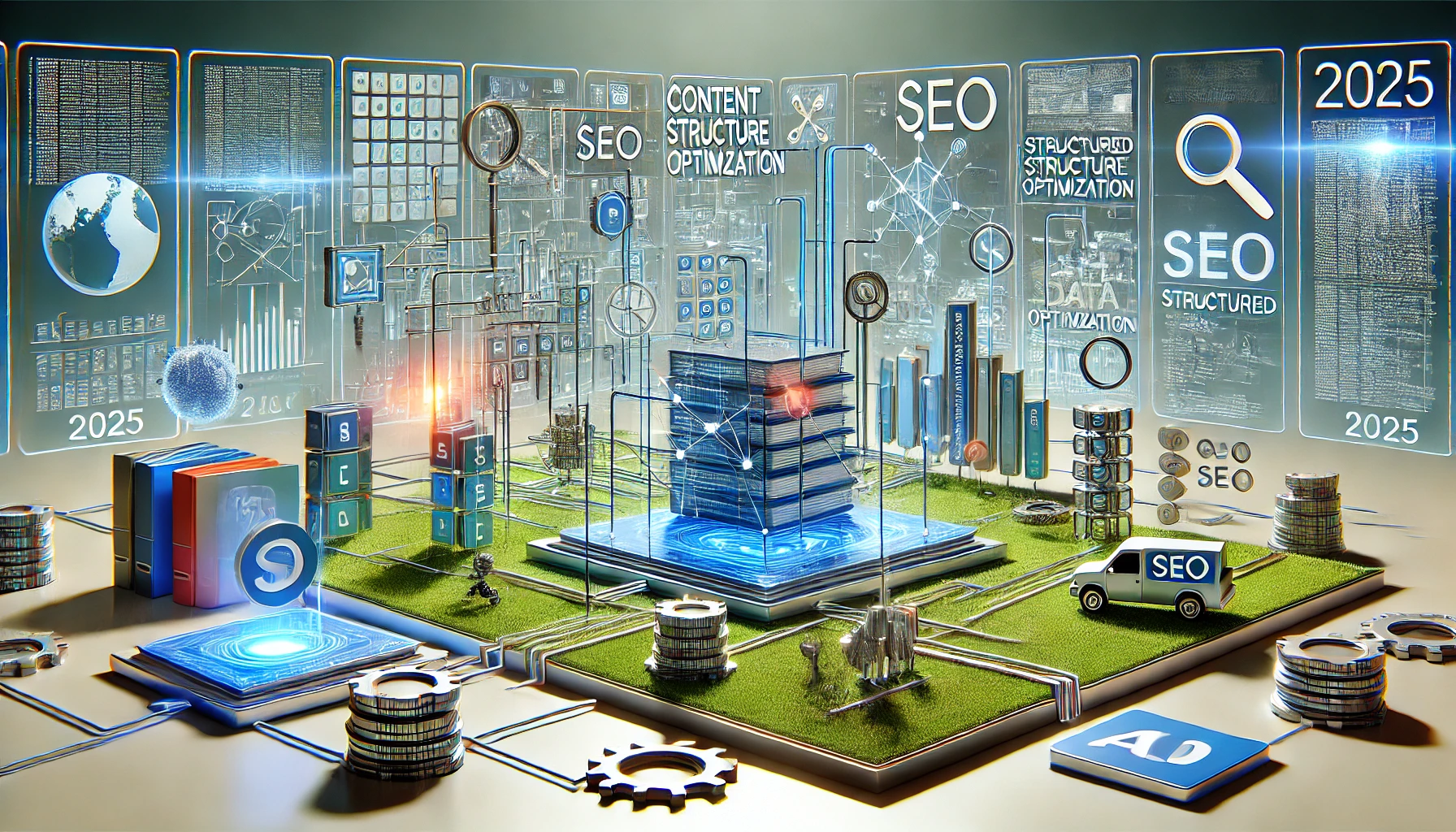 Here is a high-tech digital landscape image illustrating the concept of "Content Structure Optimization" for SEO in 2025. This visual captures the advanced, data-driven environment with organized content blocks, SEO elements, and structured pathways symbolizing modern optimization strategies.