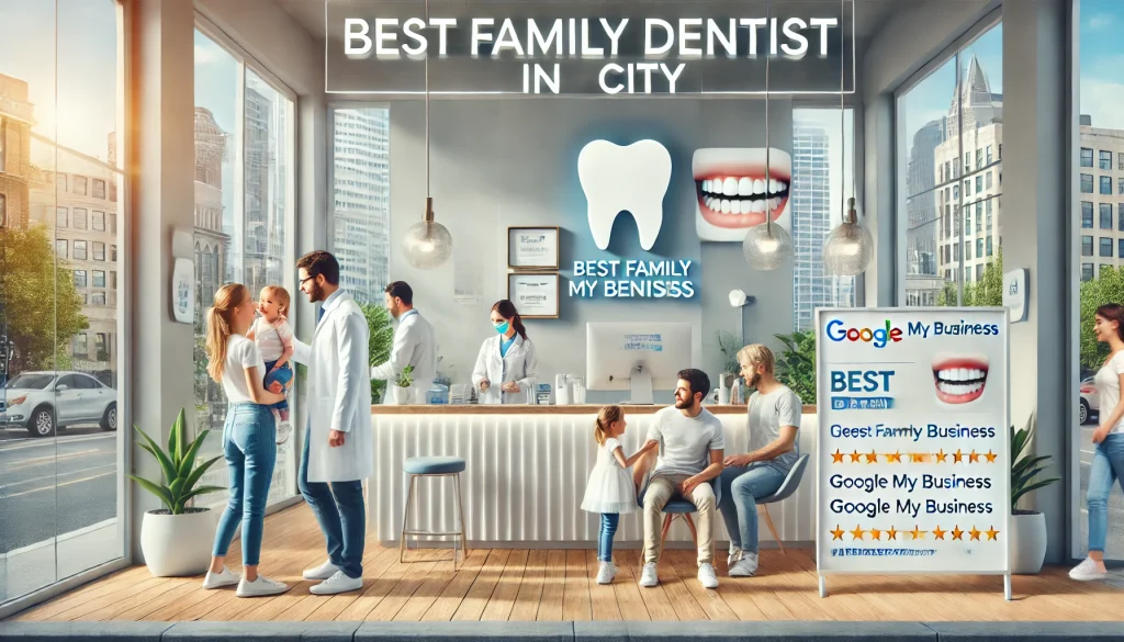 A modern dental clinic with large windows, bright reception area, and a sign reading "Best Family Dentist in [City]." Outside, the cityscape with local landmarks is visible, and patients, including families, are entering the clinic. Inside, a dentist in a white coat is speaking with a patient in a sleek treatment room. Nearby, a screen displays positive reviews and a Google My Business sign, showcasing the clinic's strong local presence. The surrounding area includes other businesses, emphasizing the local SEO connection.
