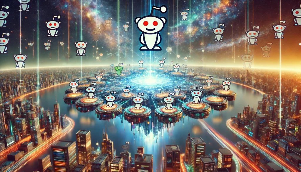 A futuristic digital landscape representing Reddit, showcasing interconnected communities and discussions in a dynamic online environment