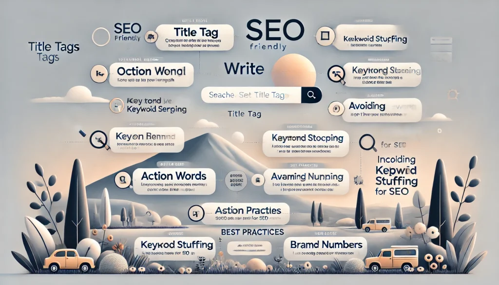 A modern landscape image showing examples of SEO-friendly title tags in search engine result pages (SERPs), highlighting best practices such as proper title length, keyword placement at the beginning, brand inclusion at the end, and avoiding keyword stuffing