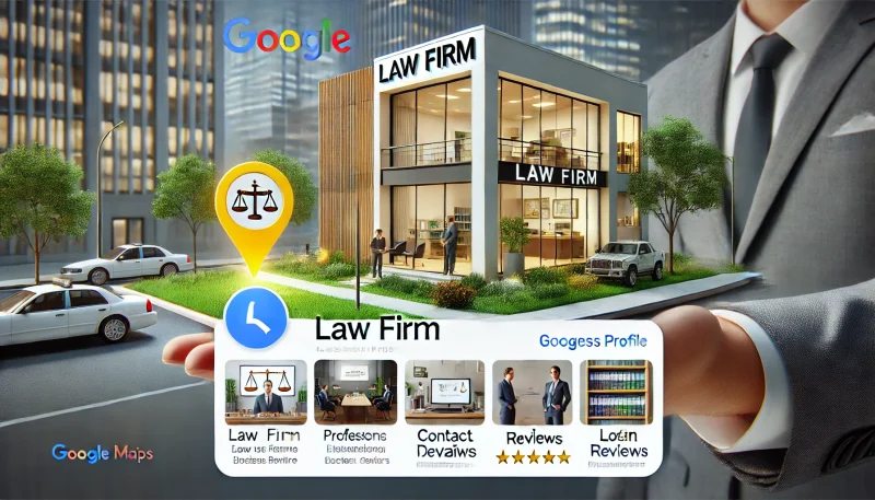 A landscape image representing the article "Google Business Optimization for Lawyers." It features a professional law firm setting with a modern office exterior, displayed on a Google Business Profile interface. Let me know if you'd like any modifications!