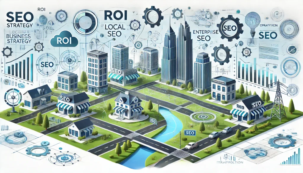 he image features a business environment with storefronts on one side, symbolizing local SEO, and skyscrapers on the other, representing enterprise SEO. Pathways connect the different areas, symbolizing online traffic flow. In the background, abstract shapes and gears depict digital algorithms, AI, and SEO tools