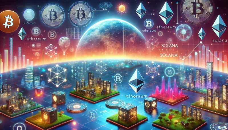 howcasing the vibrant digital worlds and key elements like gaming, the Metaverse, and blockchain technologies such as Ethereum and Solana. This visual captures the essence of NFTs in the future.