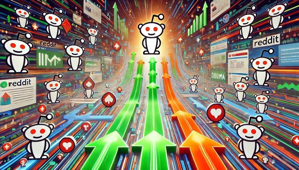 A digital representation of Reddit's karma system with upvote and downvote icons. The image shows users engaging in discussions and posting content, with green upward arrows representing upvotes (karma growth) and red downward arrows signifying downvotes (negative karma impact). The scene illustrates user interaction and the flow of information within the Reddit community