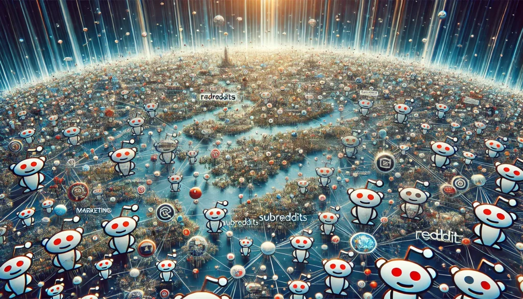 A landscape visualization of Reddit, depicting interconnected subreddits as circles of various sizes connected by lines. These lines represent user overlap and engagement. The subreddits include icons symbolizing different topics such as marketing, content creation, hobbies, and current events. The background has a dynamic, technological feel, reflecting the vast online community and the sense of discovery within Reddit.
