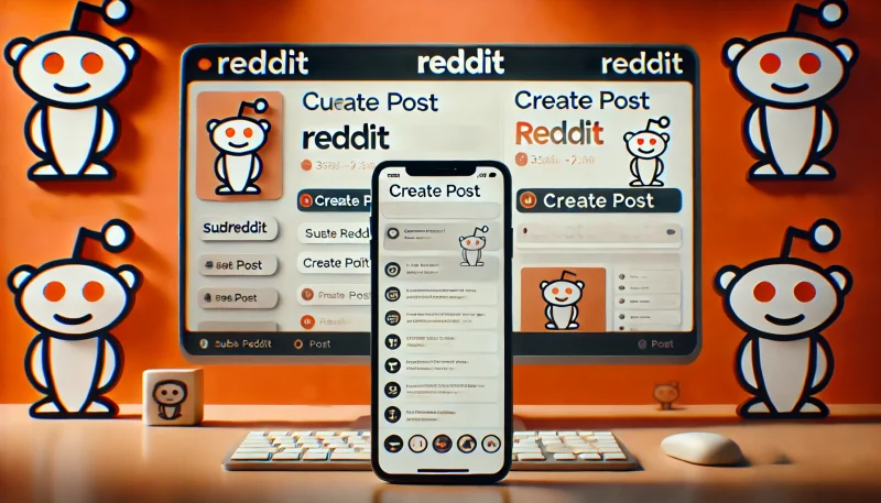 A digital scene showing a user posting on Reddit from both desktop and mobile apps, with the create post interface and upload steps displayed on the screen