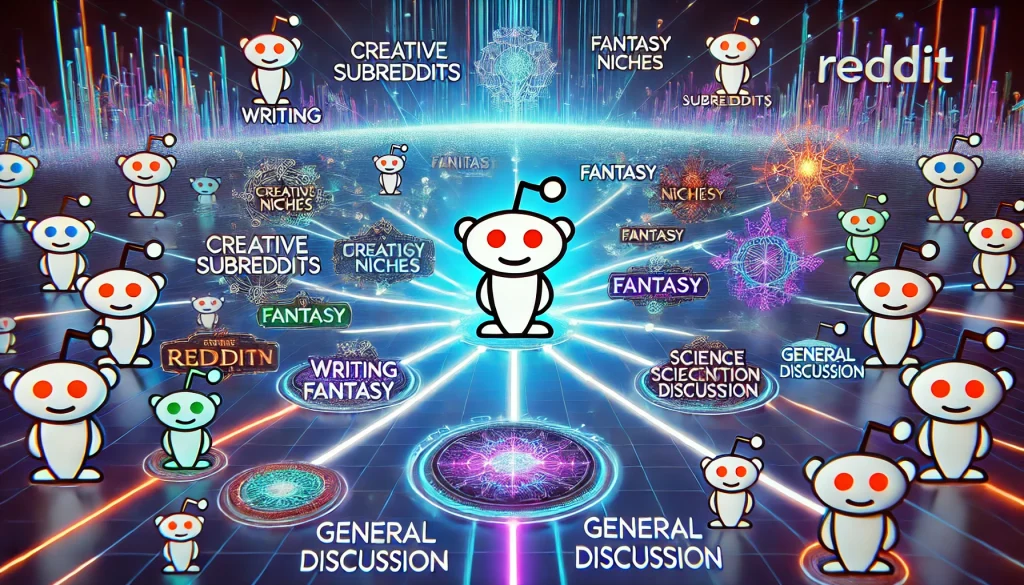 A futuristic digital landscape showcasing interconnected subreddits as glowing nodes and pathways, with the Reddit logo floating above. Various niche communities, including writing, fantasy, and general discussions, are visually represented in a vibrant, tech-inspired setting, symbolizing the vast and diverse Reddit ecosystem. The design features neon-blue and purple hues, emphasizing exploration and discovery