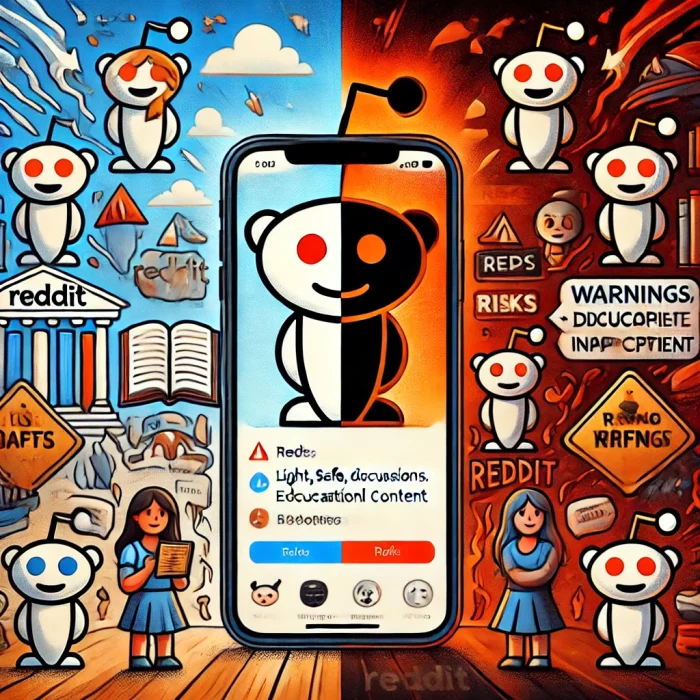 A balanced visual representation of Reddit's dual nature, showing its safe, educational side with books and discussions alongside a darker, riskier side with warnings and inappropriate content, symbolizing the platform's safety concerns for kids and adults.