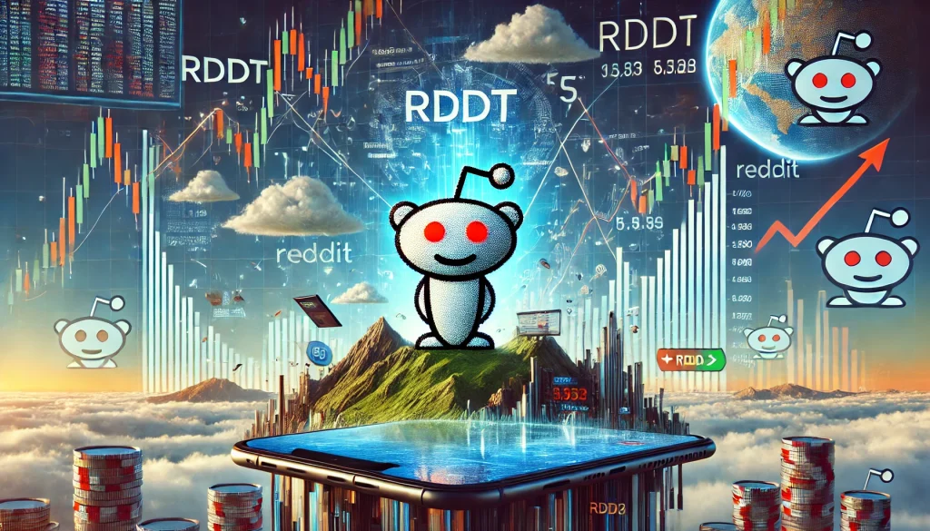 A landscape image showing Reddit as a publicly traded company with the stock ticker 'RDDT' prominently displayed, accompanied by live stock charts, price fluctuations, and market indicators, symbolizing the intersection of social media and stock trading.