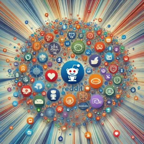 A visual representation of Reddit showing interconnected subreddits through nodes and threads, symbolizing user overlap. The nodes vary in size, representing different communities, with icons illustrating popular topics like hobbies, events, marketing, and content creation. The dynamic layout evokes the sense of community growth and discovery across the platform.
