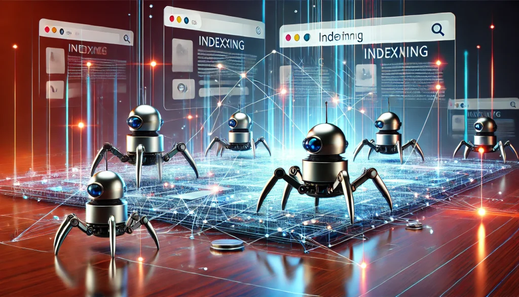 Here’s the image illustrating how search engines work, featuring crawling, indexing, and ranking in a visually rich, digital landscape format.