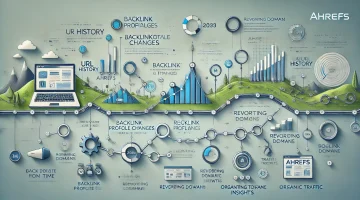 infographic that visually represents the concept of URL history and its key components, such as backlink changes, UR trends, and traffic insights.