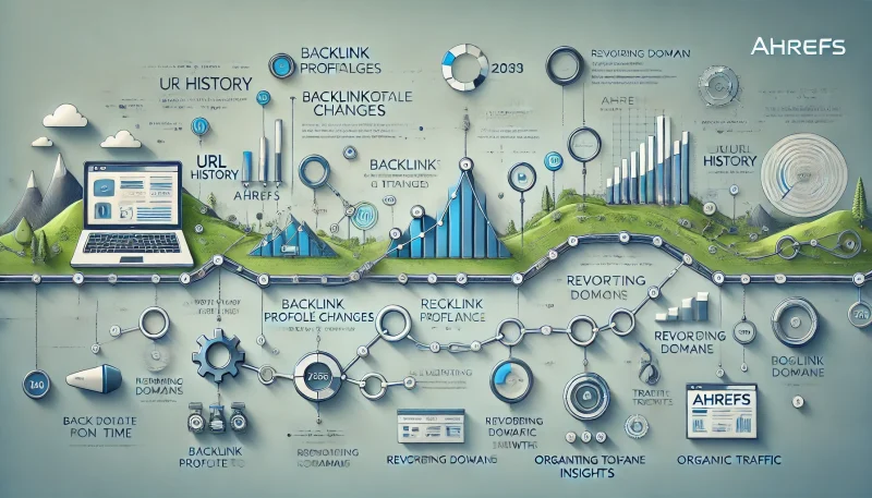 infographic that visually represents the concept of URL history and its key components, such as backlink changes, UR trends, and traffic insights.