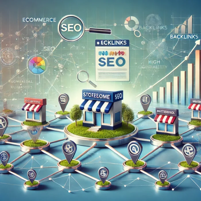 An image representing ecommerce link building strategies, featuring a digital landscape with interconnected web links, charts, and icons for SEO, traffic, and authority. At the center is an ecommerce storefront icon, linked to various other website icons symbolizing backlinks. Additional elements include magnifying glasses for SEO, upward-trending graphs showing ranking improvements, and icons for referral traffic and conversions. The background has a gradient in blue and green tones, suggesting growth and connectivity