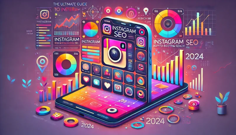 Here's the landscape image illustrating "The Ultimate Guide to Instagram SEO: Tips for Boosting Reach in 2024." This vibrant visual represents Instagram SEO optimization, incorporating key elements like hashtags, analytics, and profile growth symbols with Instagram's signature colors