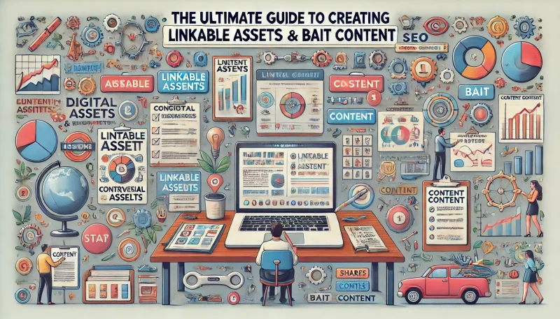 Here’s a landscape illustration of "The Ultimate Guide to Creating Linkable Assets and Bait Content." The design highlights elements associated with both content types, presenting a workspace with tools, icons, and interactive components in an engaging and informative style.