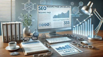 Here is a landscape image that visually represents key aspects of SEO link building, with a focus on resource page link building, as discussed in your article. The image includes elements such as a computer screen displaying a curated list of high-authority links, a notepad for outreach template ideas, and analytics charts reflecting growth in website authority