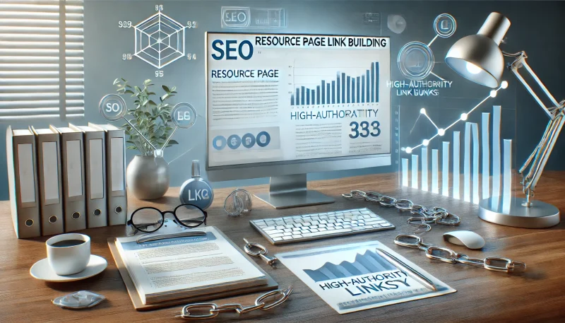 Here is a landscape image that visually represents key aspects of SEO link building, with a focus on resource page link building, as discussed in your article. The image includes elements such as a computer screen displaying a curated list of high-authority links, a notepad for outreach template ideas, and analytics charts reflecting growth in website authority