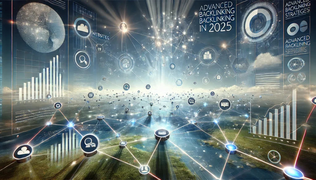 Here is the landscape image for the article on "Advanced Backlinking in 2025." The image visually represents a network of digital nodes and links, symbolizing interconnected websites and backlink strategies, complemented by data-driven visuals. It’s designed to convey the essence of modern, data-centric SEO practices and technological growth.